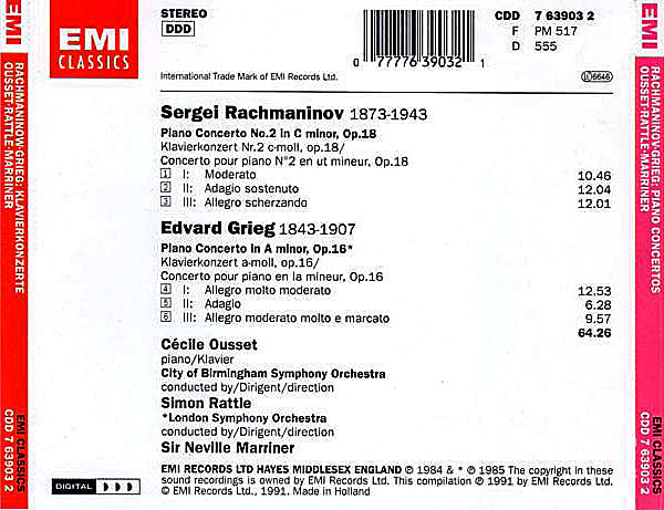 Edvard Grieg, Sergei Vasilyevich Rachmaninoff - Cécile Ousset, London Symphony Orchestra, The, Sir Neville Marriner, City Of Birmingham Symphony Orchestra, Sir Simon Rattle - Piano Concertos