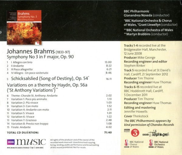 Johannes Brahms - Symphony No. 3 Plus St Anthony Variations