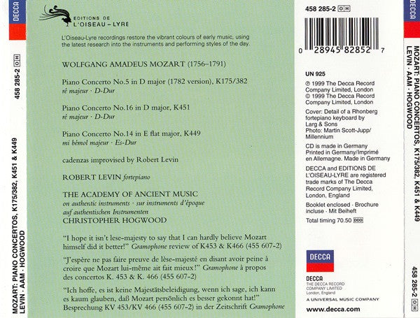 Wolfgang Amadeus Mozart - Robert Levin, Academy Of Ancient Music, The, Christopher Hogwood - Piano Concertos No.5 K175, No.14 K449, No.16 K451