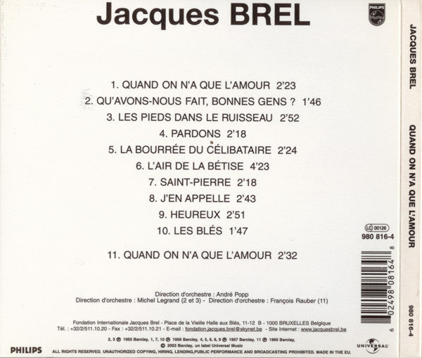 Jacques Brel - Quand On N'A Que L'Amour - Avec Les Orchestres André Popp Et Michel Legrand