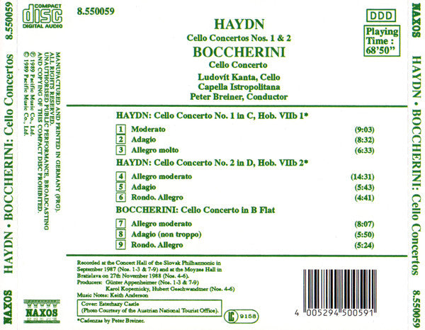 Haydn, Boccherini, Ludovít Kanta, Capella Istropolitana, Peter Breiner – Cello Concertos Nos. 1 And 2 / Cello Concerto