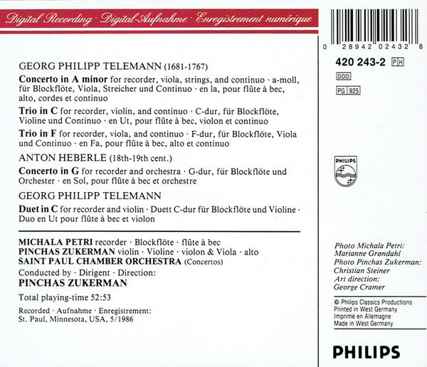 Georg Philipp Telemann, Anton Heberle, Michala Petri, Saint Paul Chamber Orchestra, The, Pinchas Zukerman - 2 Concertos / 2 Trios • Duet