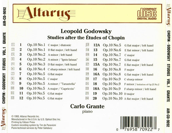 Leopold Godowsky - Carlo Grante - Studien Über Die Etüden Von Chopin = Studies On Chopin's Etudes = Études D’Après Chopin Vol. I (N°1-20)