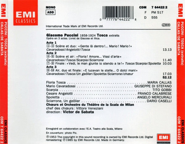 Maria Callas, Coro Del Teatro Alla Scala Et Orchestra Del Teatro Alla Scala, Victor De Sabata  - Giacomo Puccini - Tosca (Extraits)