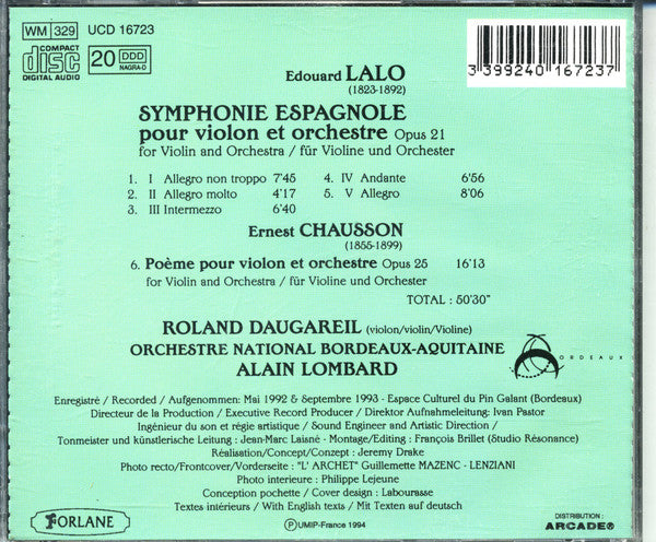 Édouard Lalo / Ernest Chausson - Roland Daugareil, Orchestre National Bordeaux Aquitaine, Alain Lombard - Symphonie Espagnole / Poème Pour Violon Et Orchestre