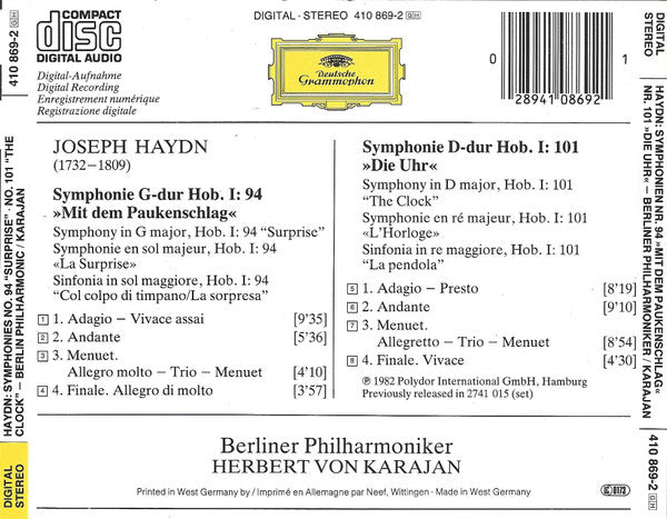 Joseph Haydn, Berliner Philharmoniker • Herbert von Karajan - Symphonien No. 94 »Mit Dem Paukenschlag = Surprise« • No. 101 »Die Uhr = The Clock = L'Horloge«