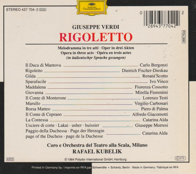 Giuseppe Verdi - Dietrich Fischer-Dieskau, Renata Scotto, Carlo Bergonzi, Fiorenza Cossotto, Ivo Vinco, Coro Del Teatro Alla Scala E Orchestra Del Teatro Alla Scala, Rafael Kubelik - Rigoletto